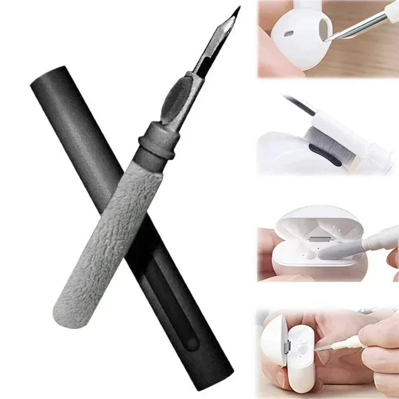 Black earbud cleaning pen with brush and pick tips for cleaning charging case