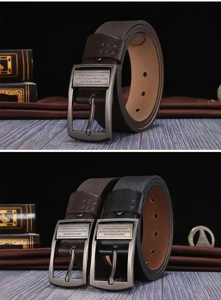Men's dark leather belt with silver rectangular pin buckle on a tabletop
