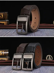 Men's dark leather belt with silver rectangular pin buckle on a tabletop
