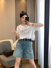High Waist Wide Leg Jeans ort Pants Women's Spring Summer New Sle plus Size Hole Punching Slimming Denim  orts