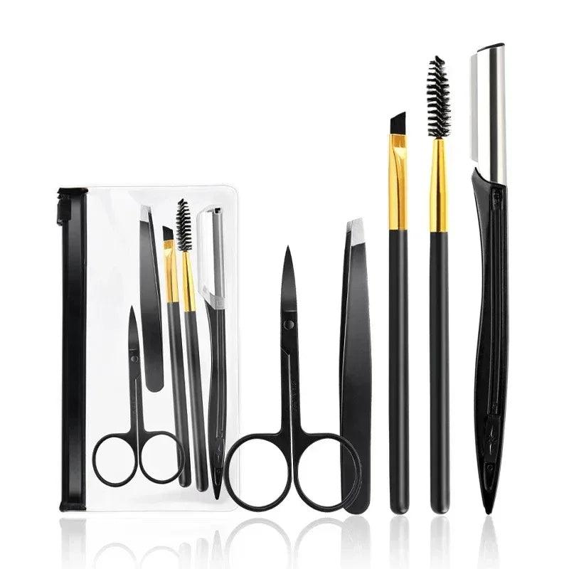 Eyebrow tool set with multiple razors, scissors, and combs in black, gold, and silver