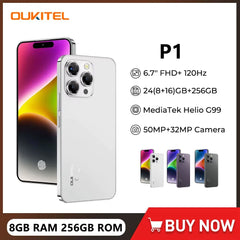 هاتف OUKITEL P1 الذكي فائق النحافة - Android 14 Helio G99 شاشة AMOLED مقاس 6.7 بوصة وتردد 120 هرتز وذاكرة وصول عشوائي (RAM) سعة 8 جيجابايت وذاكرة قراءة فقط (ROM) سعة 256 جيجابايت وكاميرا بدقة 50 ميجابكسل وبطارية 5150 مللي أمبير في الساعة وتقنية NFC