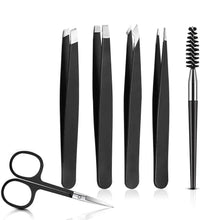 Set of black eyebrow tweezers, curved scissors, and separate eyelash brush