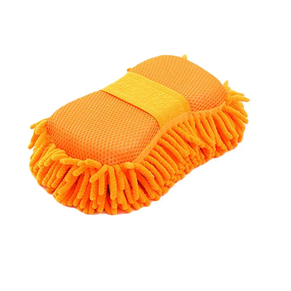 Orange microfiber chenille car wash sponge with folded grip pad and fringed edge