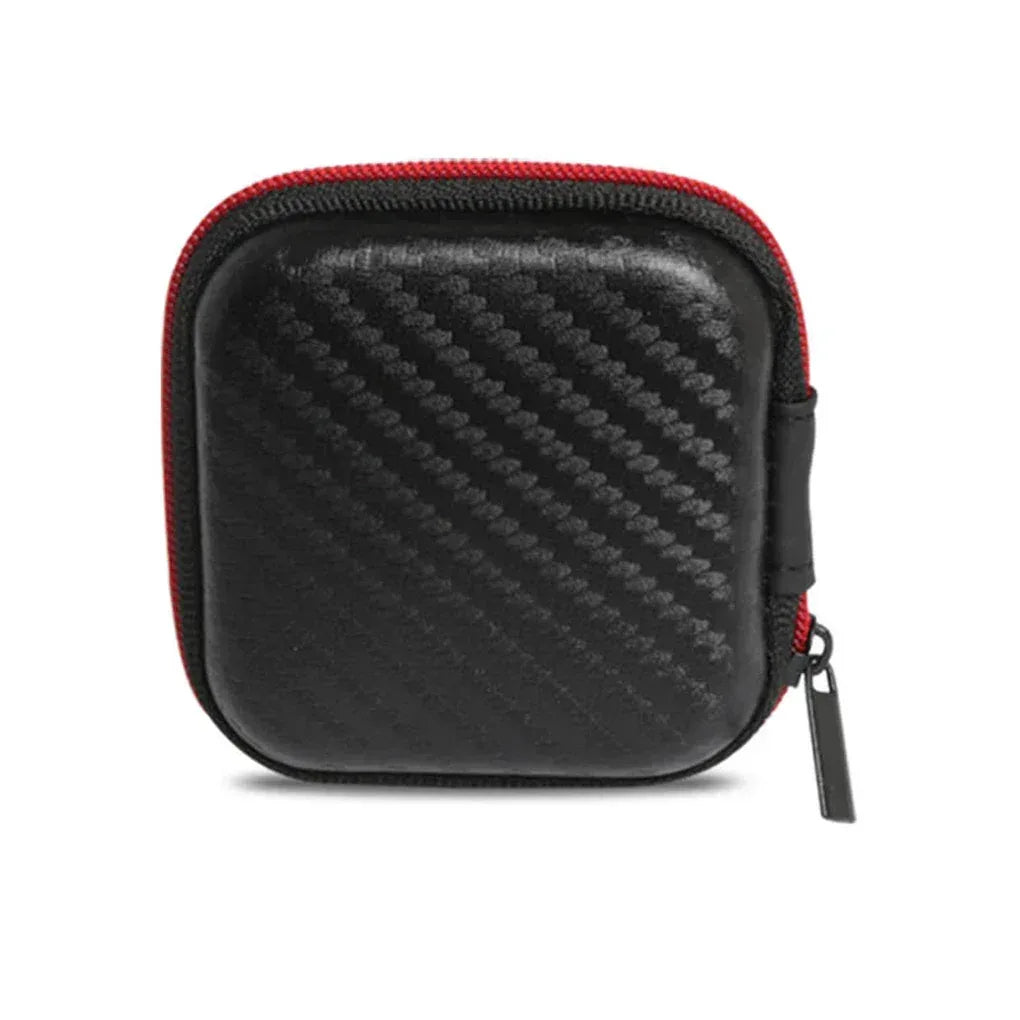 Square earphone storage case, black textured front with red edge piping and zipper