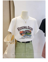 Anti-Aging Cartoon Print ort Sve Women's T-irt Loose Fit Summer Casual round Ne oulder Appropriate Outerwear