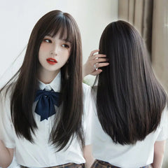 Korea Hair Extensions Synthetic Cute JK Girl Cosplay Air Bangs Wig Breathable Head Cover 50cm Long Straight Wig Hat for Women