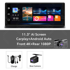 K2 Pro 11.3 بوصة سيارة DVR 4K كاميرا لاسلكية Carplay أندرويد أوتو شاشة Ai كاميرا لوحة القيادة مزدوجة العدسة مسجل فيديو نظام تحديد المواقع والملاحة لوحة القيادة