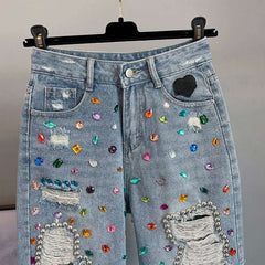 High Waist Loose Fit  Diamond Embellied Denim Five-Point Pants Summer New Sle Women's Trendy Hole Punch Jeans