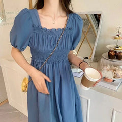 فستان نسائي صيفي من Faion بياقة مربعة من Sweet Retro Dr Tea Break First Love Long Bla Dr Waist Cinched