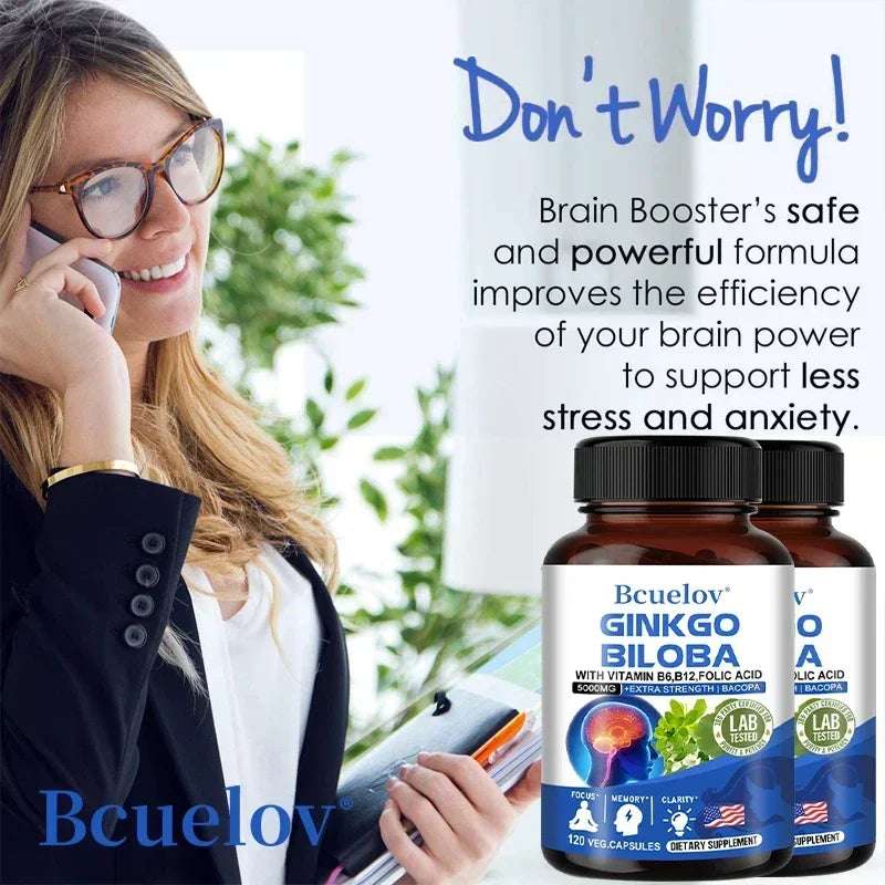 Ginkgo Biloba Capsules Memory Support Supplement, Brain Function & Mental Alertness, Focus, Concentration, with Vitamin B6 B12