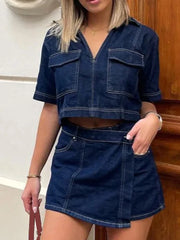Women’s 2 Piece Denim Outfits Set Short Sleeve Lapel Neck Cropped Jean Pullover Tops + Button High Waist Asymmetrical Shorts