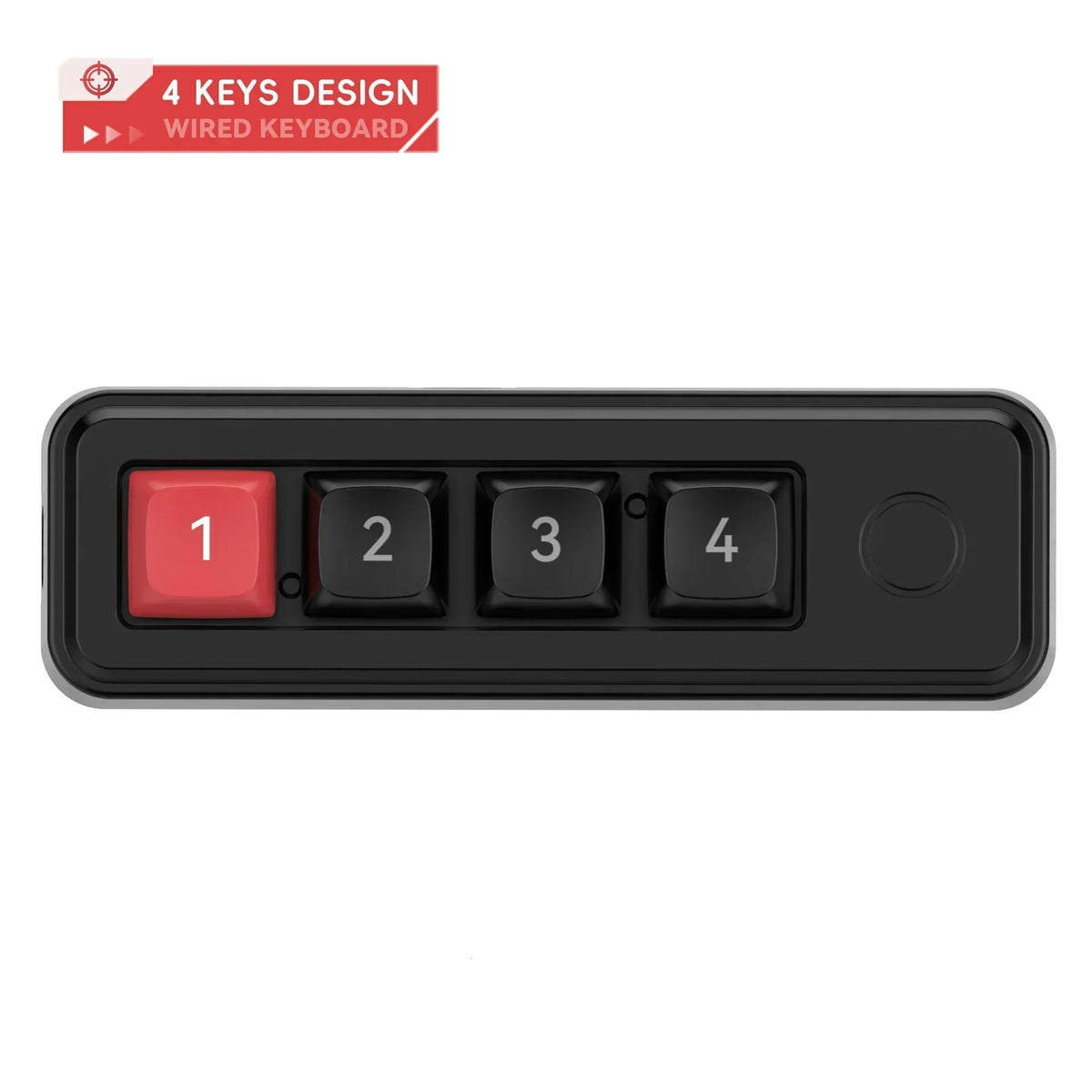 4-key mini macro keyboard with black keys, red key 1, and red round button