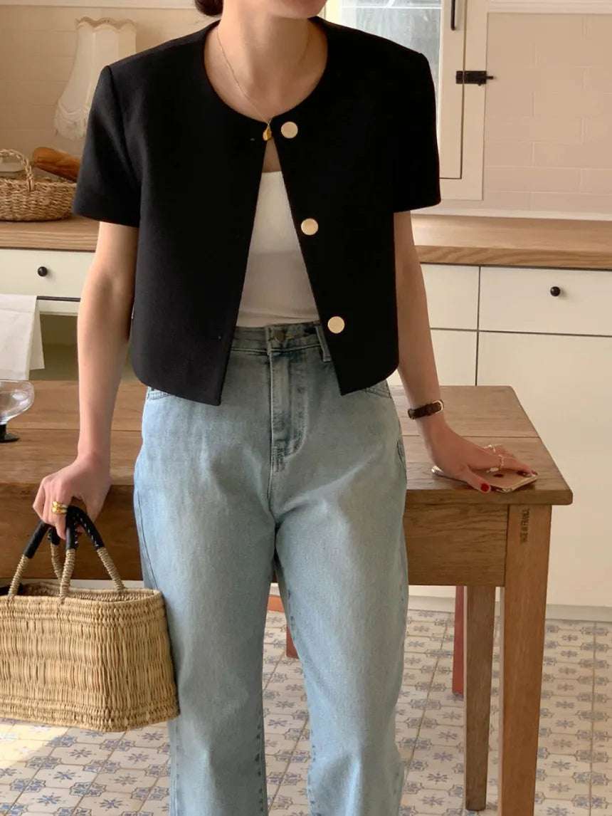 Chic Korean Sle round Ne Metal Single Button Loose ort Sve Outerwear for Women Summer Faion Commute Pure Color