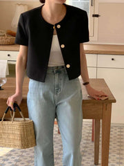 Chic Korean Sle round Ne Metal Single Button Loose ort Sve Outerwear for Women Summer Faion Commute Pure Color
