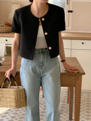 Chic Korean Sle round Ne Metal Single Button Loose ort Sve Outerwear for Women Summer Faion Commute Pure Color