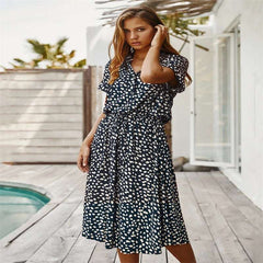Polka Dot Short Sleeved Dress shirt Collar  Dress European and American Fashion Dress
