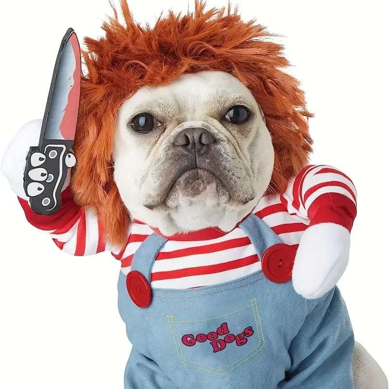 Halloween Pet Dog Clothes Transformed Pet Apparel and Wig for Holiday Party Pet Supplies Funny Bloody Doll With Knife Dog Costum