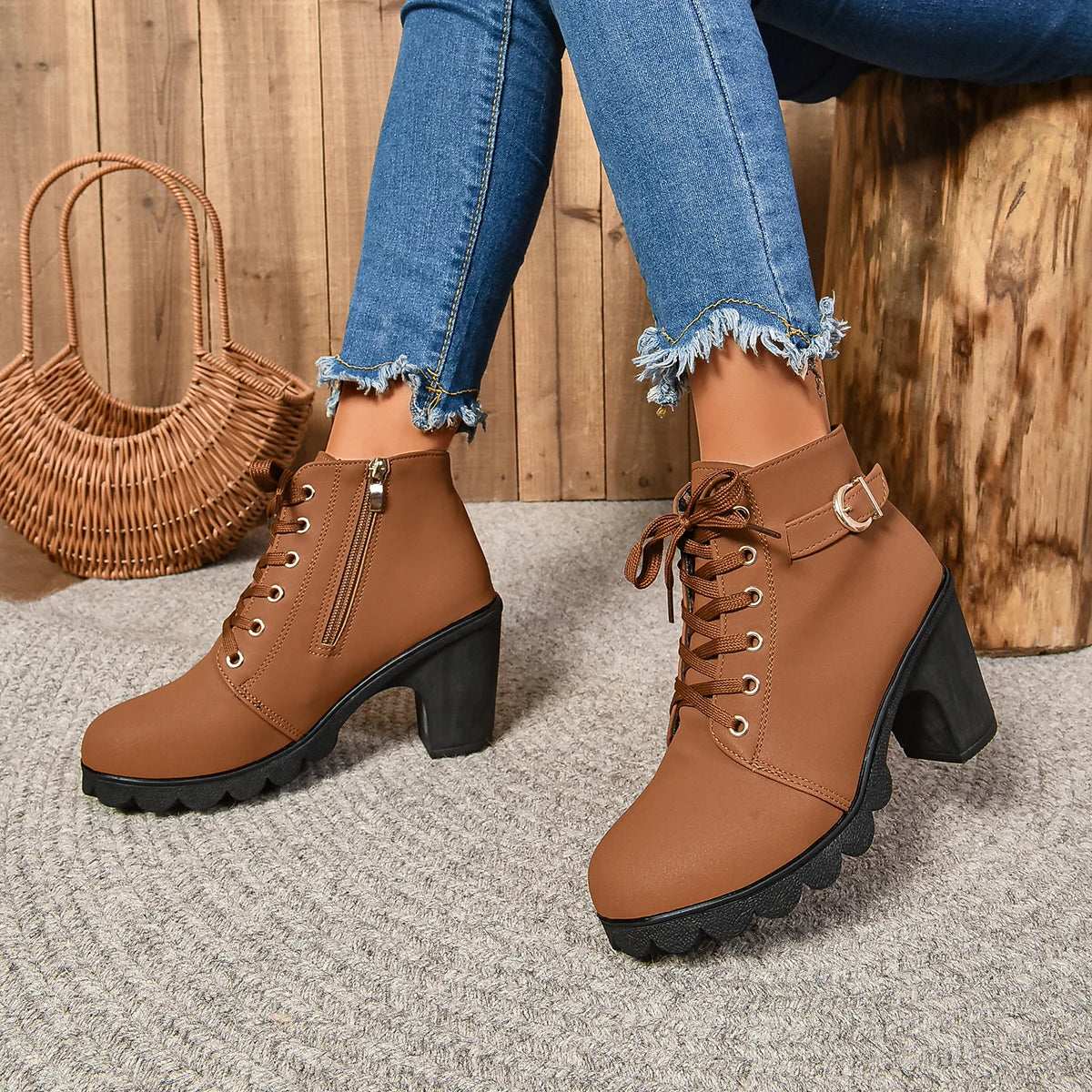 2024Women High Heel Ankle Boots Autumn Winter Booties Woman Fashion New Lady Shoes Brown Black Short Boot Female Botas De Mujer