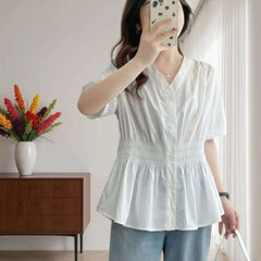 200 Pounds Plus Size Elastic Waist Summer Shirt And Blouse Short Sleeve Solid Top Women's New In Clothes Simple V-neck French