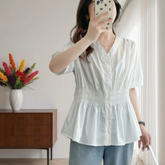 200 Pounds Plus Size Elastic Waist Summer Shirt And Blouse Short Sleeve Solid Top Women's New In Clothes Simple V-neck French