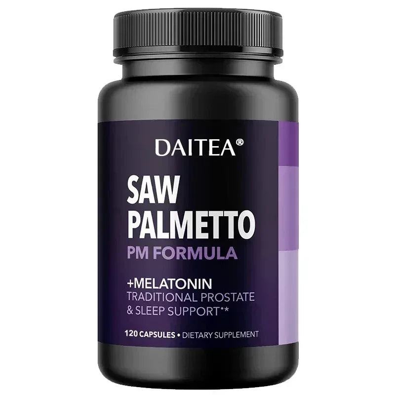 DAITEA saw palmetto PM formula supplement bottle with 120 capsules label