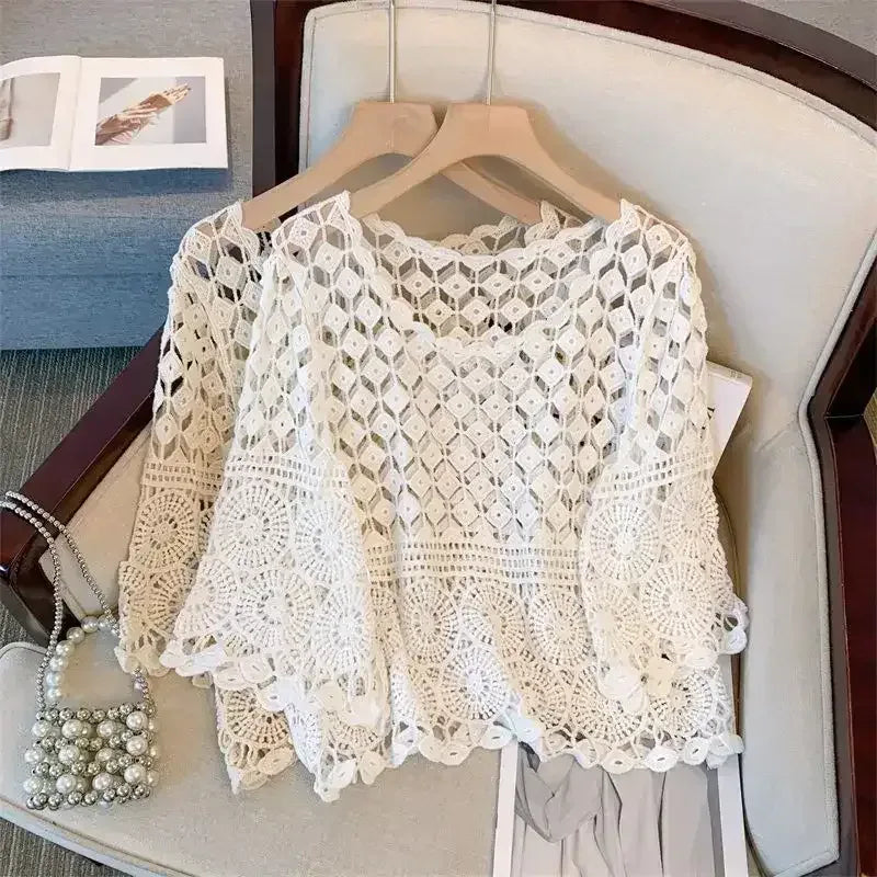 White crochet lace half-sleeve top, loose fit, scalloped neckline and hem
