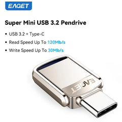 Eaget Super Mini USB Pen Drive Pendrive 2 in 1 USB Type C& USB A Interface USB Flash Drive 120Mb/s USB 3.2 Key USB Memory Stick