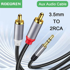 كابل صوت Aux من Rocoren مقاس 3.5 مم إلى 2RCA، محول مقسم من مقبس 3.5 مم إلى 2 RCA ذكر لصندوق التلفزيون ومكبر الصوت والفيديو وكابل سلك مكبر الصوت