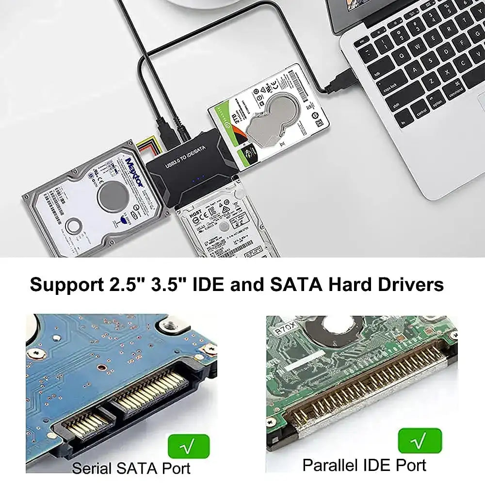 SATA/IDE to USB 3.0 Adapter Hard Drive Adapter Converter for Universal 2.5/3.5 Inch IDE SATA HDD SSD with 12V 2A Power Adapter
