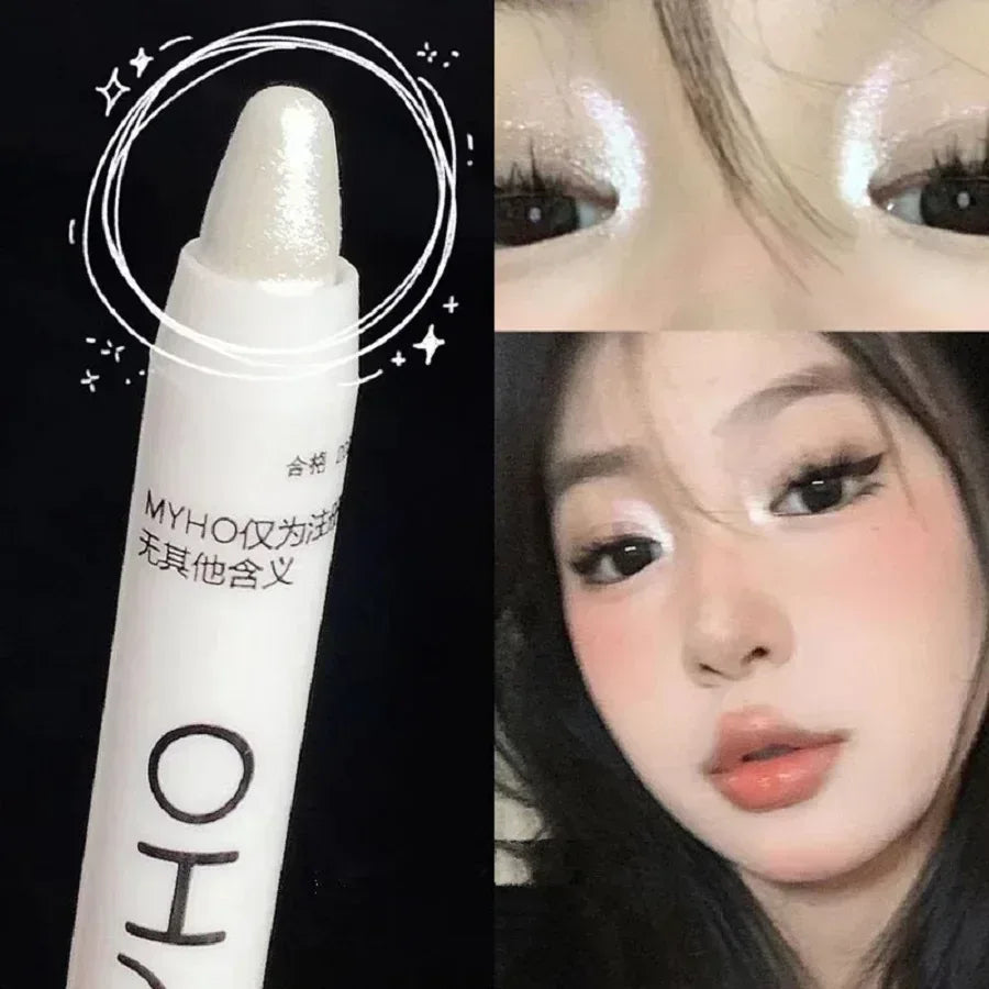 Eye shadow highlight pen with white tip, glossy sheen on lid