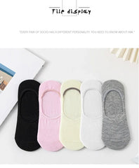 5 Pairs of WOMEN'S Solid Color Invisible Socks, Cotton Silicone Anti Slip Spring Ankle Socks, Casual Breathable Thin Boat Socks