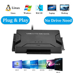 محول محرك الأقراص الصلبة SATA/IDE إلى USB 3.0 لمحول محرك الأقراص الصلبة العالمي 2.5/3.5 بوصة IDE SATA HDD SSD مع محول طاقة 12 فولت 2 أمبير