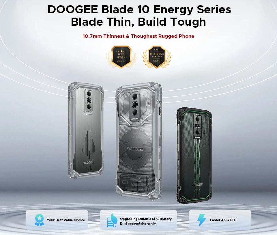 DOOGEE Blade10 Pro Energy Rugged Phone 6.56'' Screen 10.7mm Ultra-thin 6GB RAM 256GB ROM 6150mAh Battery Android 15  Smartphone