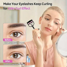 Eyelash curler shown curling lashes with black frame and pink-lined pad