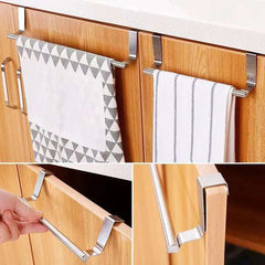 No Drill Hanging Towel Rack for Kitchen - Over Cabinet Door Storage Organizer for Dishcloth Gloves Sponge Holder