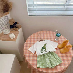 2Pcs Baby Clothes Set Newborn Boys Casual Dinosaur Print Short Sleeved T-shirt+plaid Shorts Toddler Girl Summer Kids Outfit Set