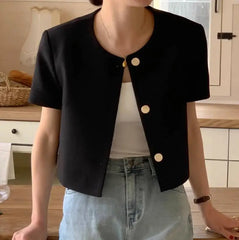Chic Korean Sle round Ne Metal Single Button Loose ort Sve Outerwear for Women Summer Faion Commute Pure Color