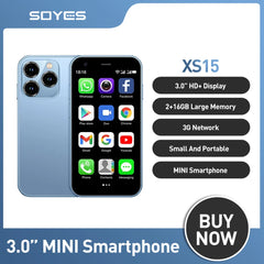 هاتف SOYES XS15 صغير الحجم فائق النحافة بشاشة 3.0 بوصة وذاكرة وصول عشوائي 2 جيجابايت وذاكرة قراءة فقط 16 جيجابايت ونظام تشغيل أندرويد 8.1 وشريحتي اتصال وبطاقة ذاكرة 3G وبطارية 1000 مللي أمبير في الساعة وواي فاي ونظام تحديد المواقع العالمي (GPS)