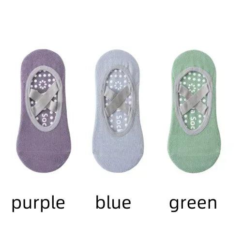 Backless yoga ballet socks set in purple, blue, and green with silicone grip dots