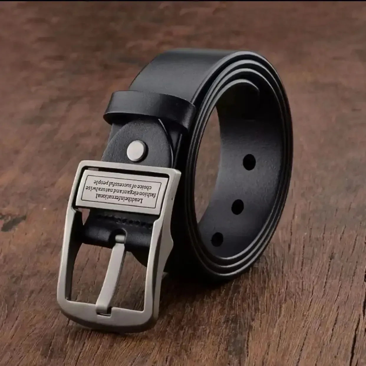 Men's black leather belt with silver rectangular pin buckle and punched adjustment holes