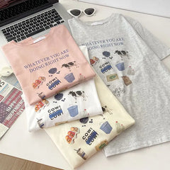 Sweet Japanese Sle Pink Cotton ort Sve T-irt Women Loose Slimming Summer Thin round Ne Student f Sve Top