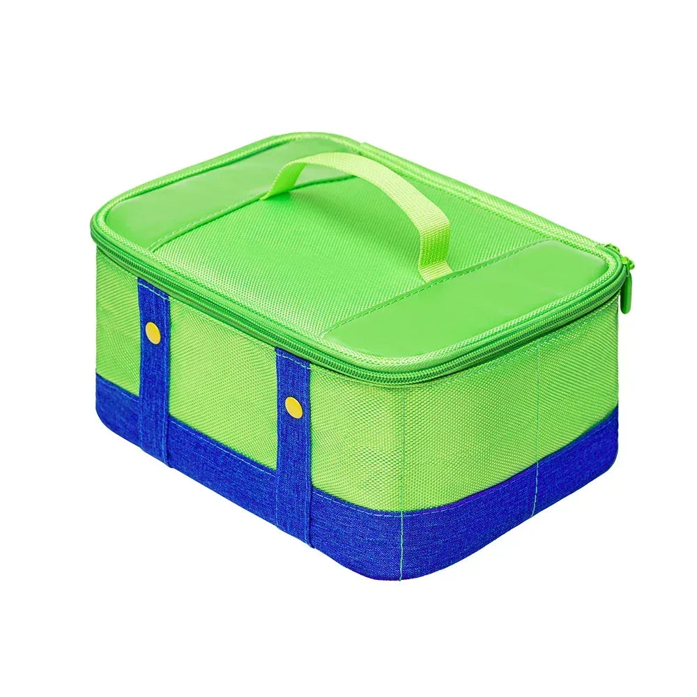 Large Switch carrying case with green top and blue sides, padded carry handle