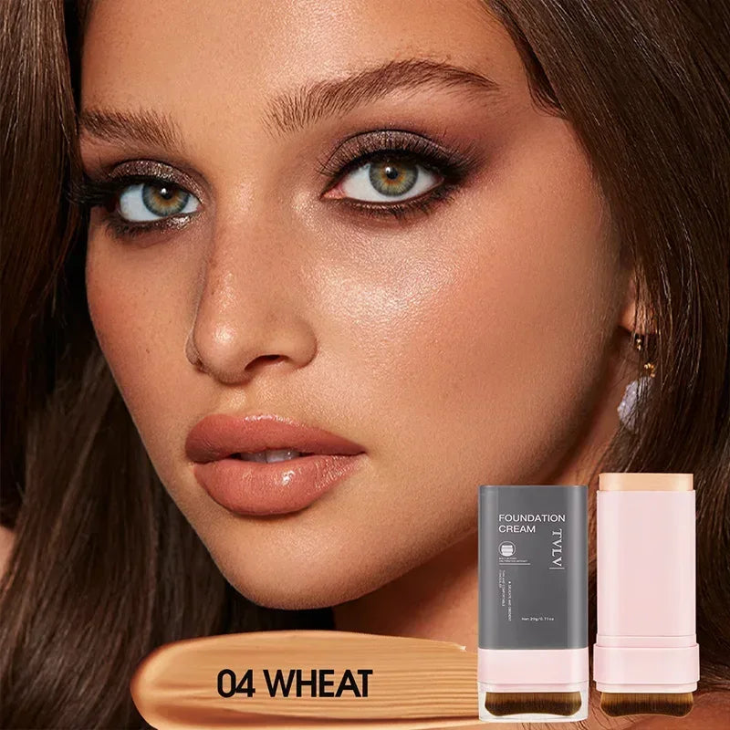 Foundation stick in wheat shade with built-in brush, showing tube and cap