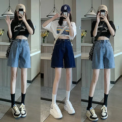 Deep Blue Denim orts Women's High Waist Straight Leg Five-Quarter Length Summer Casual Student Faion Hong Kong Sle Design