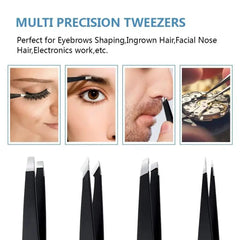 4Pcs Tweezers Set - Professional Stainless Steel Tweezers for Eyebrows - Great Precision for Facial Hair, Splinter and Ingrown