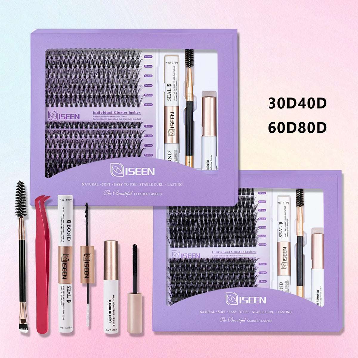 ISEEN DIY Lash Extension Mix Styles Lash Clusters Individual with Bond&Seal Remover Tweezers Lash Brush for Self Application