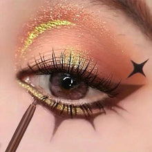Waterproof matte brown eyeliner pen adding a thin line over glitter eyelid makeup