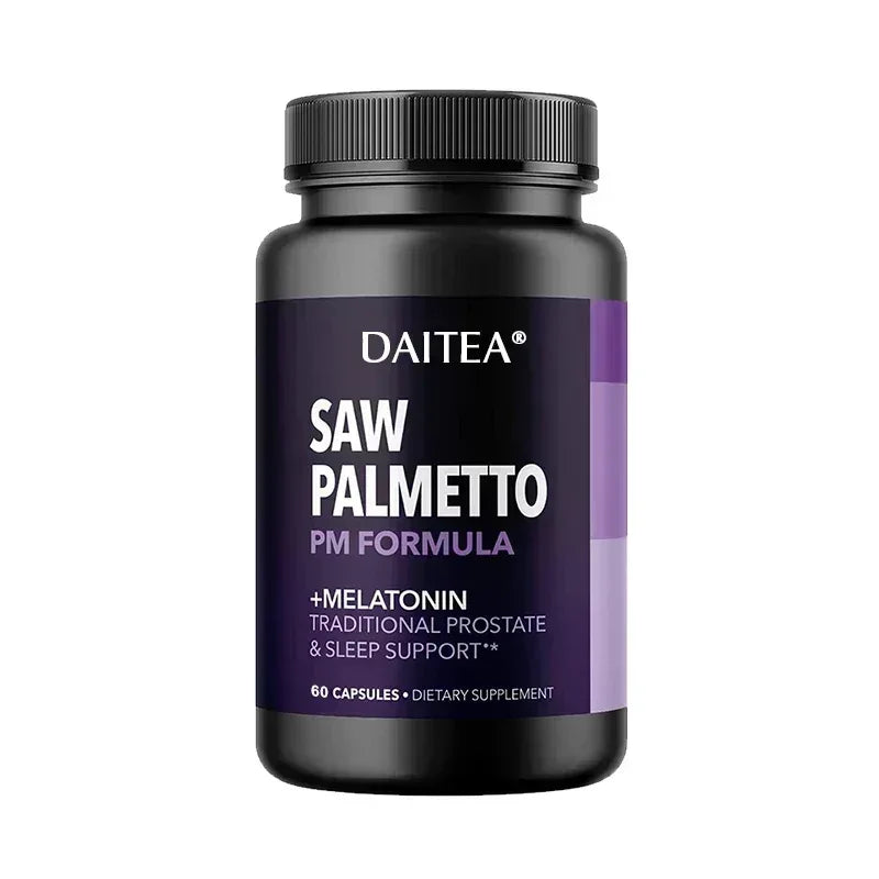 Saw palmetto PM supplement bottle with black cap and purple label, 60 capsules.