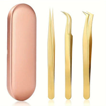 Golden 3-piece stainless steel lash tweezers set with sleek tips in a storage case